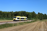 Straßenersatzverkehr im Krebsbachtal  Üblicherweise ersetzen Busse im Rahmen eines Schienenersatzverkehrs ausgefallene Züge. Vom 31. Juli bis 12. September 2025 ist es im Krebsbachtal andersrum: Da die Landesstraße zwischen Waibstadt-Bernau und Neckarbischofsheim gesperrt wurde und die dort planmäßigen Busse nicht verkehren können, wurde ein Straßenersatzverkehr eingerichtet. Somit kommt zumindest der westliche Teil der Krebsbachtalbahn unter der Woche zu einem für diese Strecke beachtlichen Pendelverkehr. Bestritten werden die Verkehre mit dem  650 629  der SWEG, wie hier am Abend des 8. August 2025 als RB 98217 Obergimpern - Neckarbischofsheim Nord kurz vor Neckarbischofsheim.  Aufnahme vom Hochstativ.
